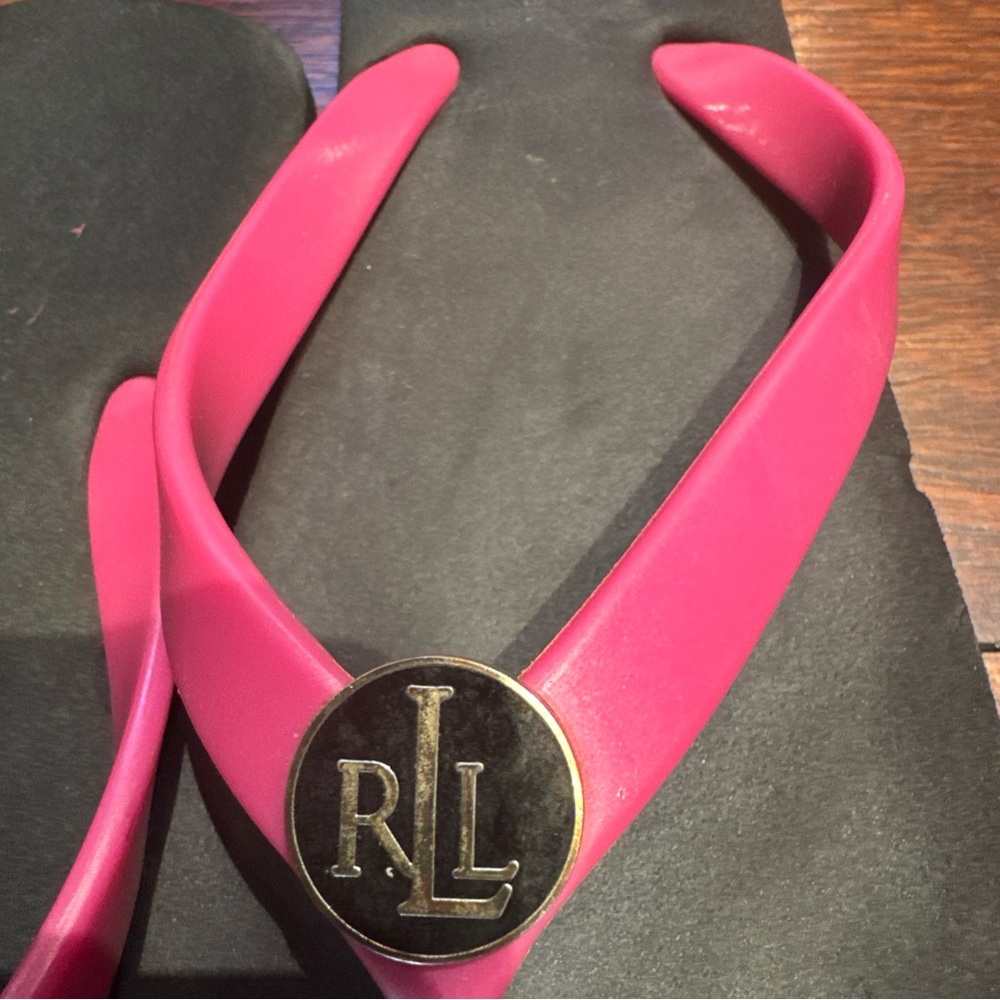 LAUREN Ralph Lauren Black And Pink Flip Flop Sandals Ladie's 7 1/2 - Picture 3 of 6
